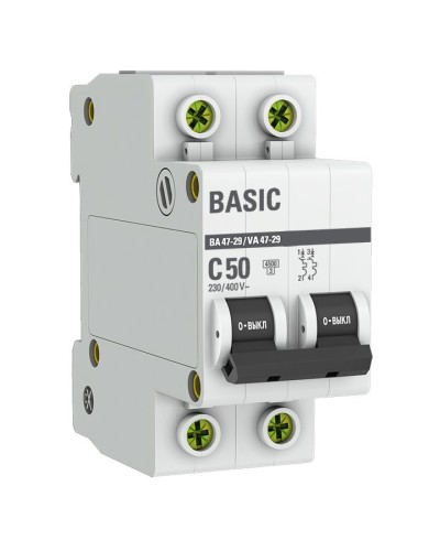 Автоматический выключатель 2P 50А (C) 4,5кА ВА 47-29 Basic (mcb4729-2-50C). Автоматический выключатель. EKF в Орле